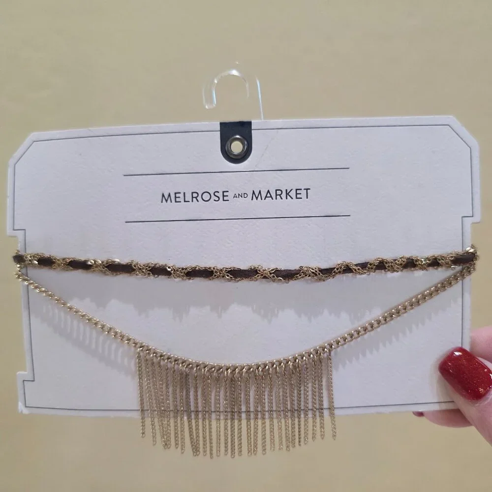 NWT Nordstrom Tribal Boho Festival Gold Chain Leather Choker Fringe Necklace